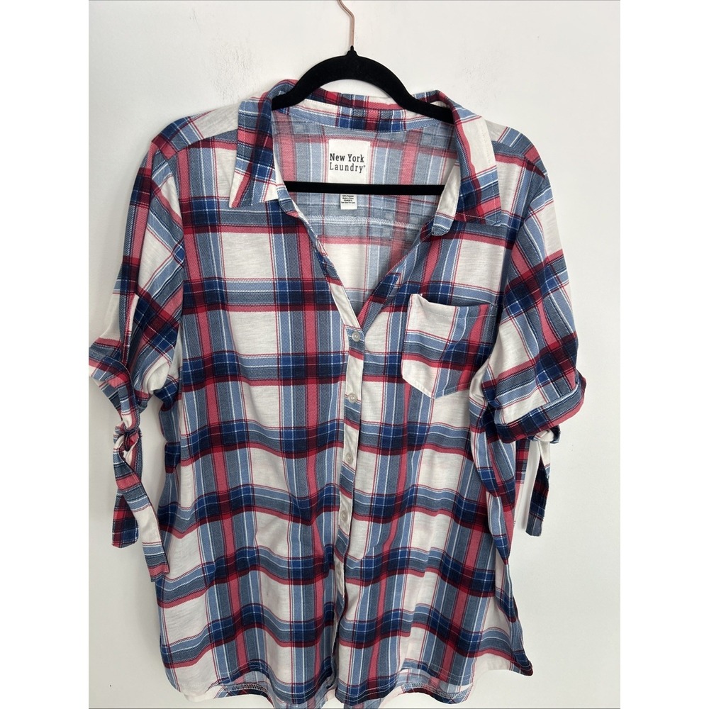 New York Laundry Women's 2X Plaid V-Neck Button-Down Short Sleeve Comfy Top